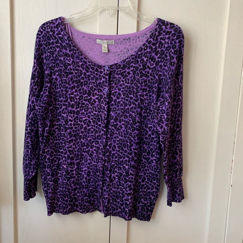 NWT Dana Buchman chic purple leopard print cardigan sweater sz L